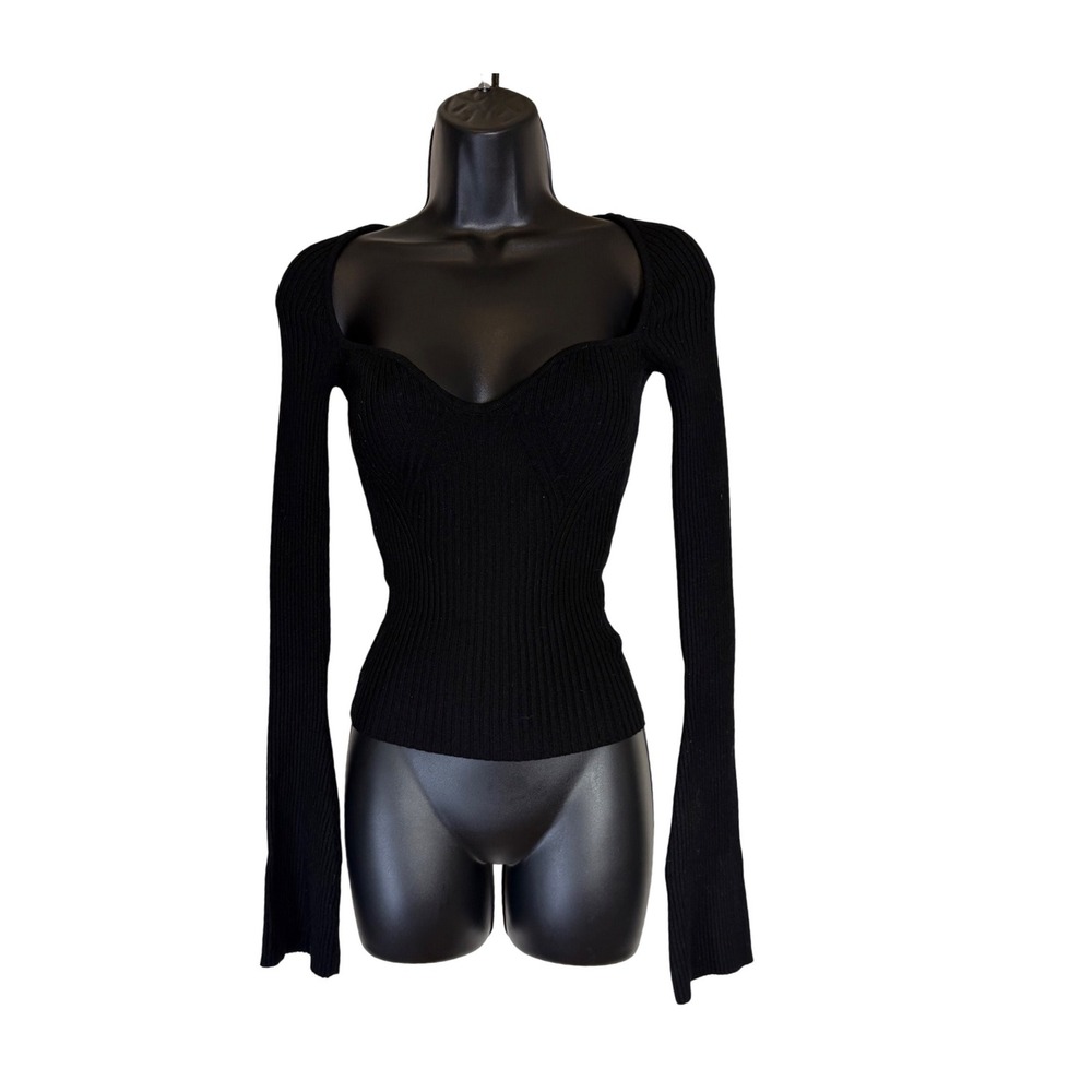 H&M Office Siren Black Sweetheart Neck Ribbed Knit Long Sleeve Top